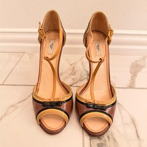 Prada Women's Brown and Gold T-Strap Heels